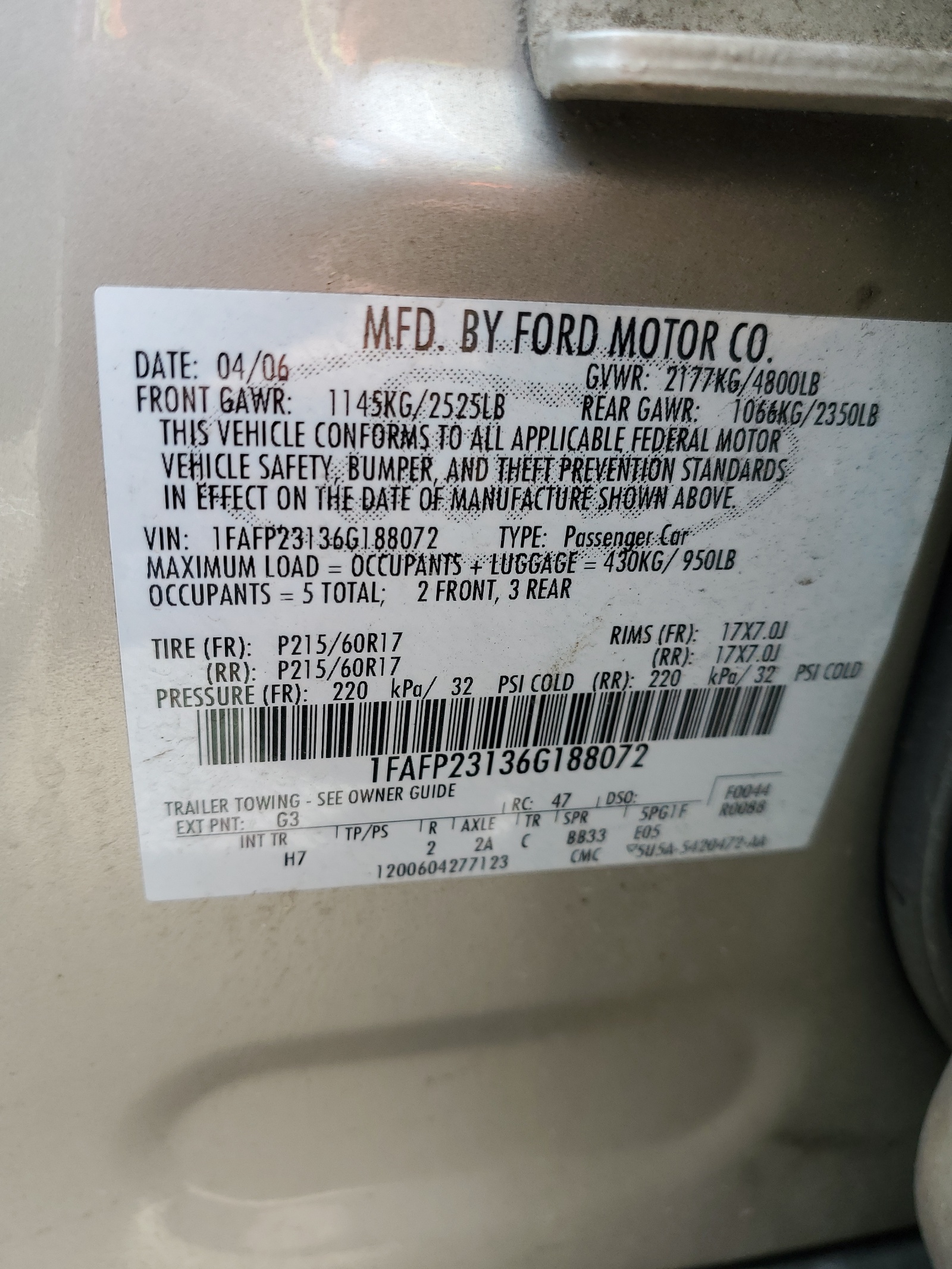 1FAFP23136G188072 2006 Ford Five Hundred Se