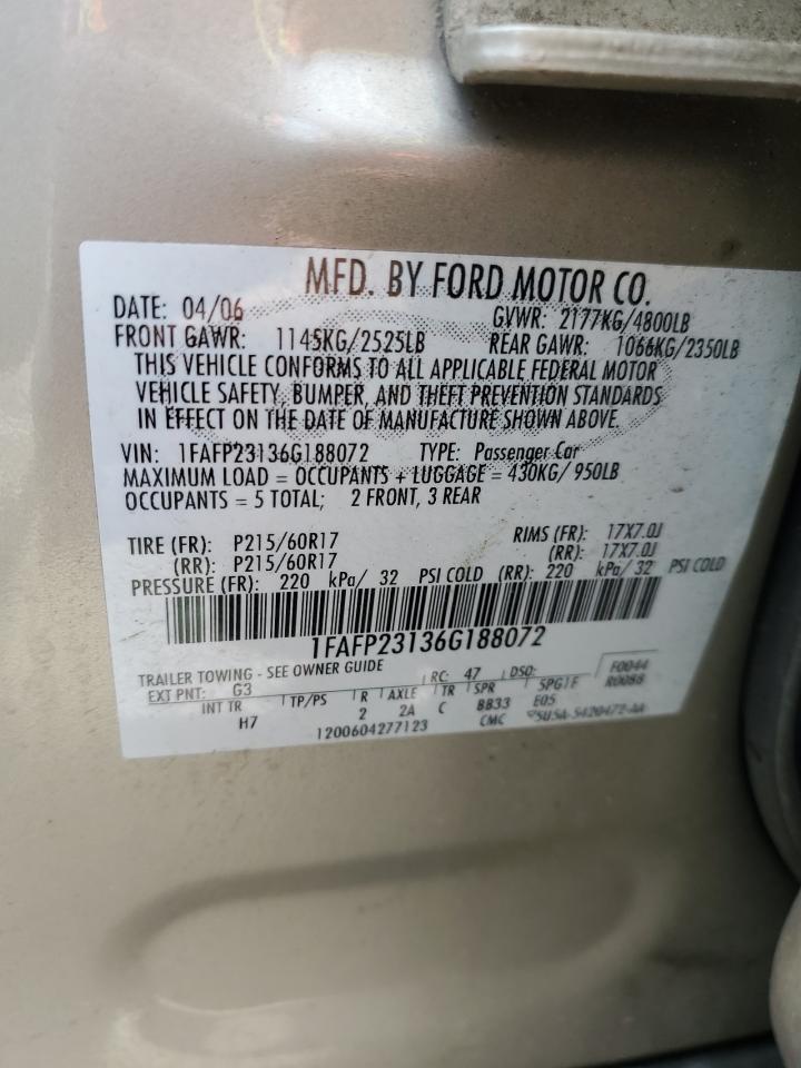 2006 Ford Five Hundred Se VIN: 1FAFP23136G188072 Lot: 63504814