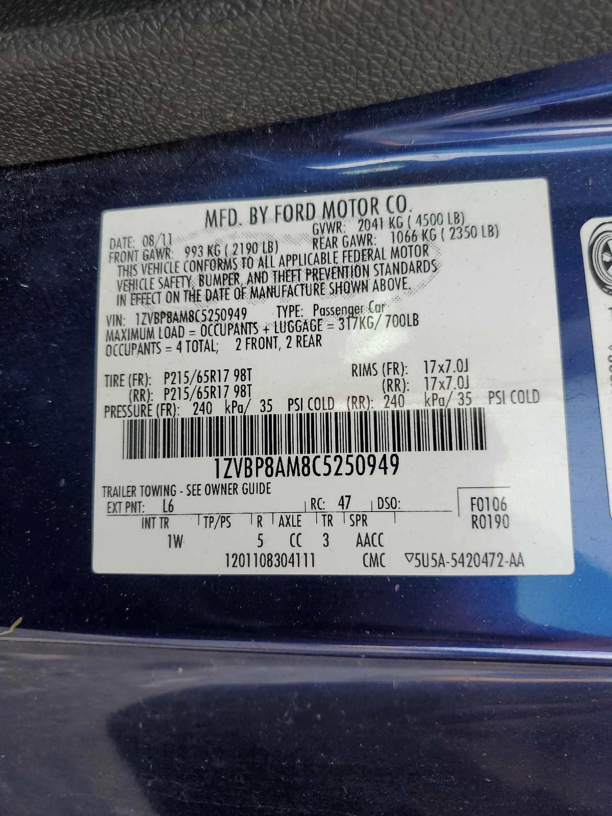 1ZVBP8AM8C5250949 2012 Ford Mustang