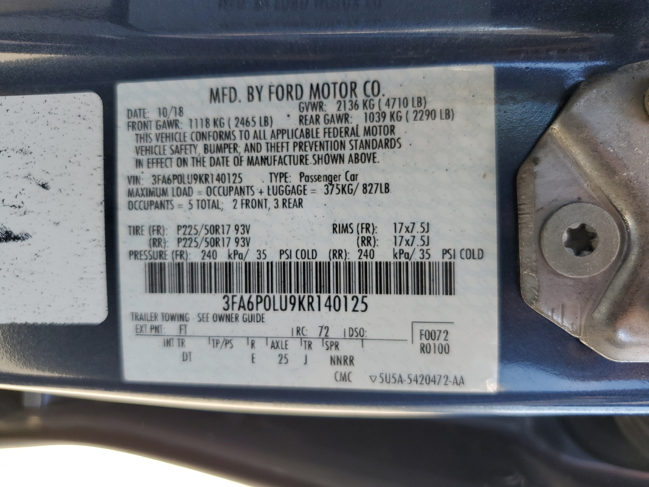 3FA6P0LU9KR140125 2019 Ford Fusion Se