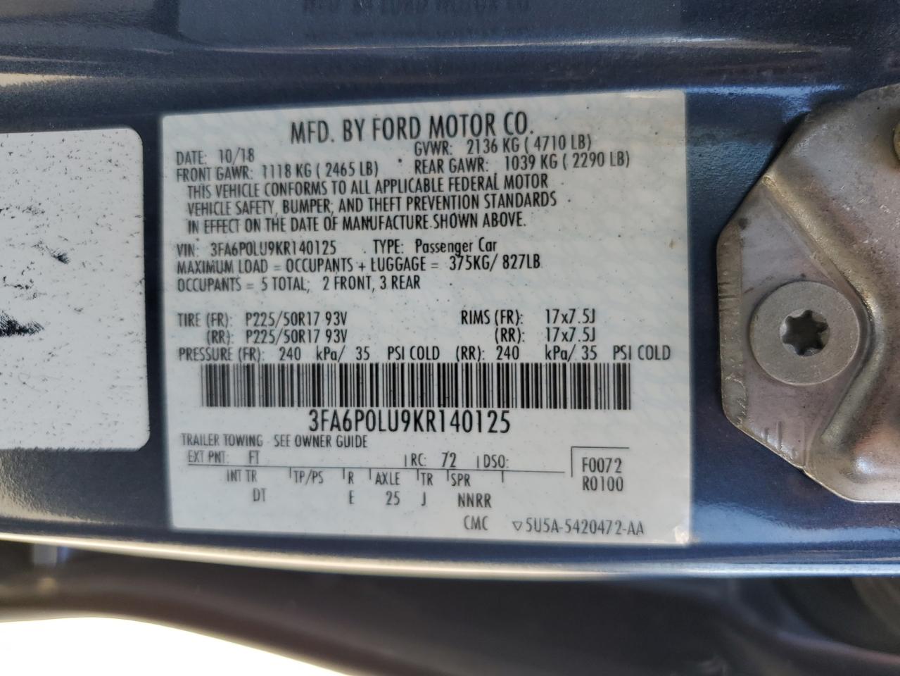 2019 Ford Fusion Se VIN: 3FA6P0LU9KR140125 Lot: 64109574