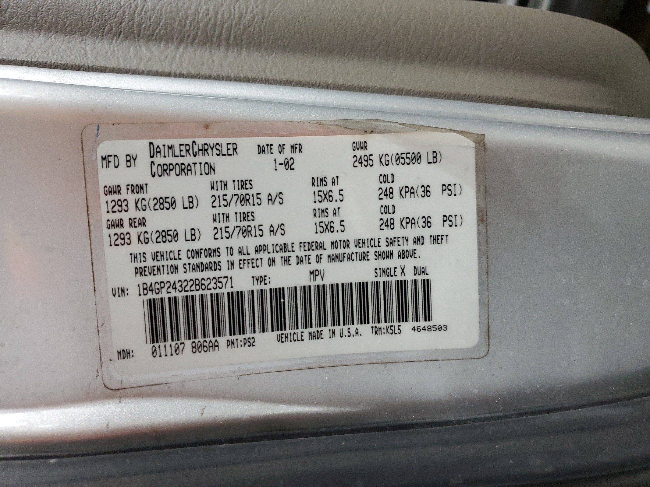 1B4GP24322B623571 2002 Dodge Grand Caravan Se