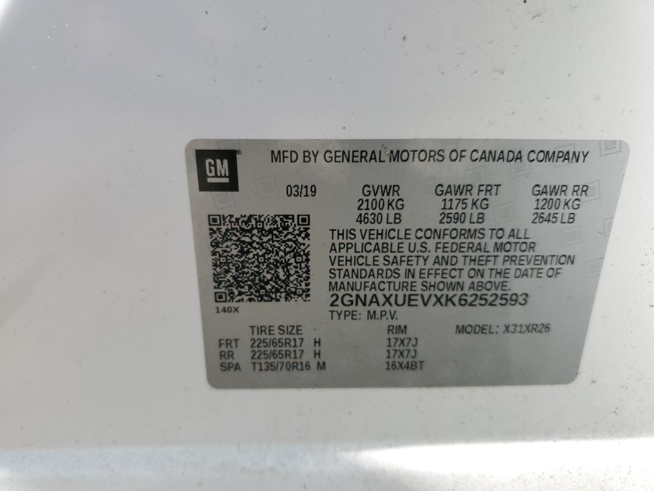 2GNAXUEVXK6252593 2019 Chevrolet Equinox Lt