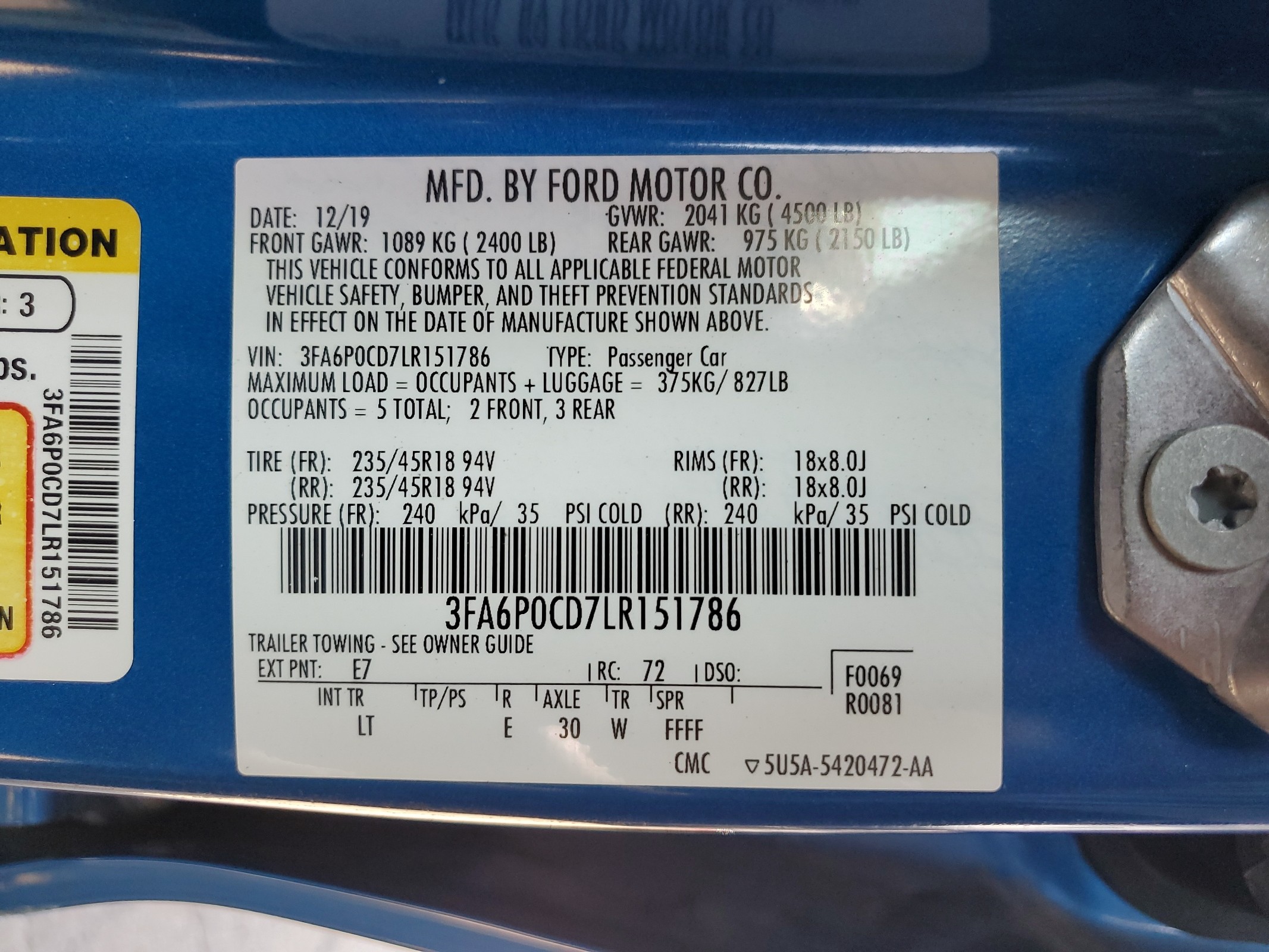 3FA6P0CD7LR151786 2020 Ford Fusion Sel