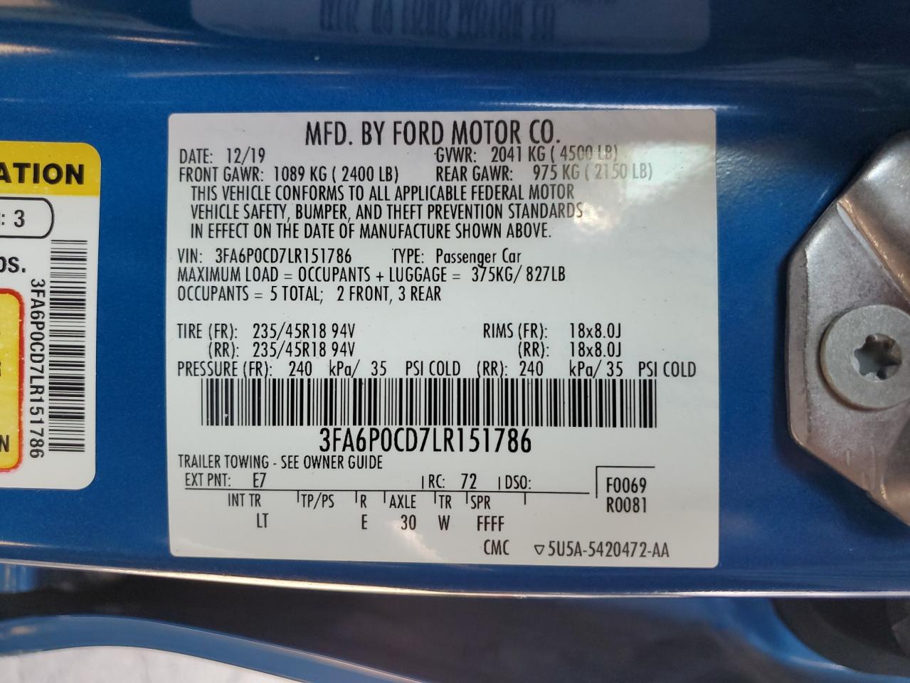 2020 Ford Fusion Sel VIN: 3FA6P0CD7LR151786 Lot: 61101414