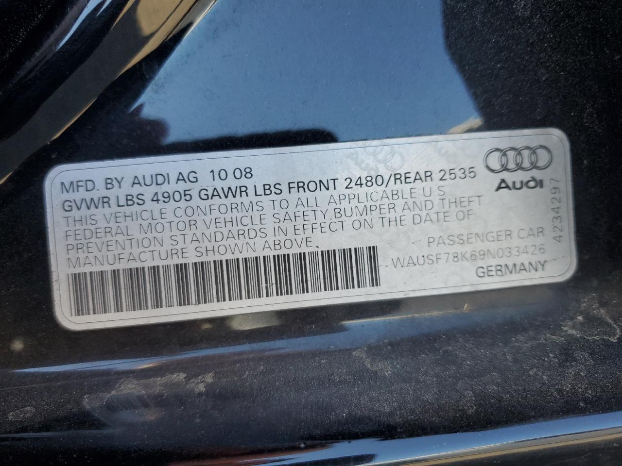 2009 Audi A4 Premium Plus VIN: WAUSF78K69N033426 Lot: 62446674