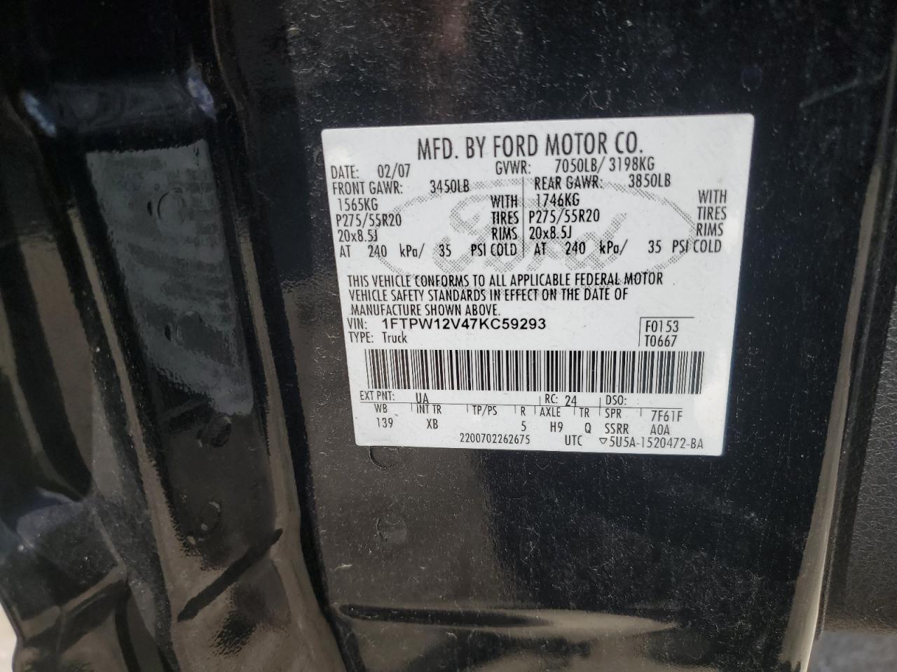 2007 Ford F150 Supercrew VIN: 1FTPW12V47KC59293 Lot: 61459594