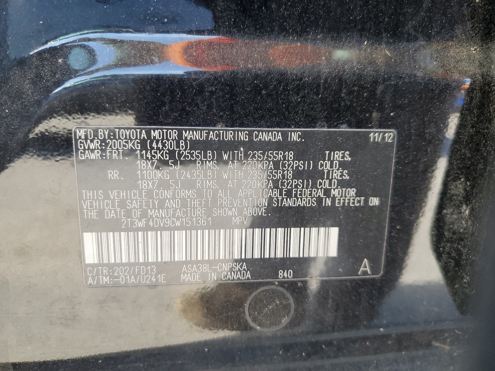 2T3WF4DV9CW151361 2012 Toyota Rav4 Sport