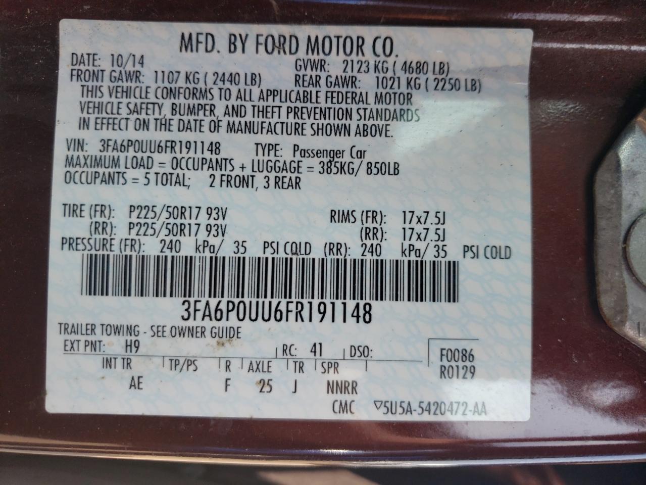 2015 Ford Fusion S Hybrid VIN: 3FA6P0UU6FR191148 Lot: 63715934