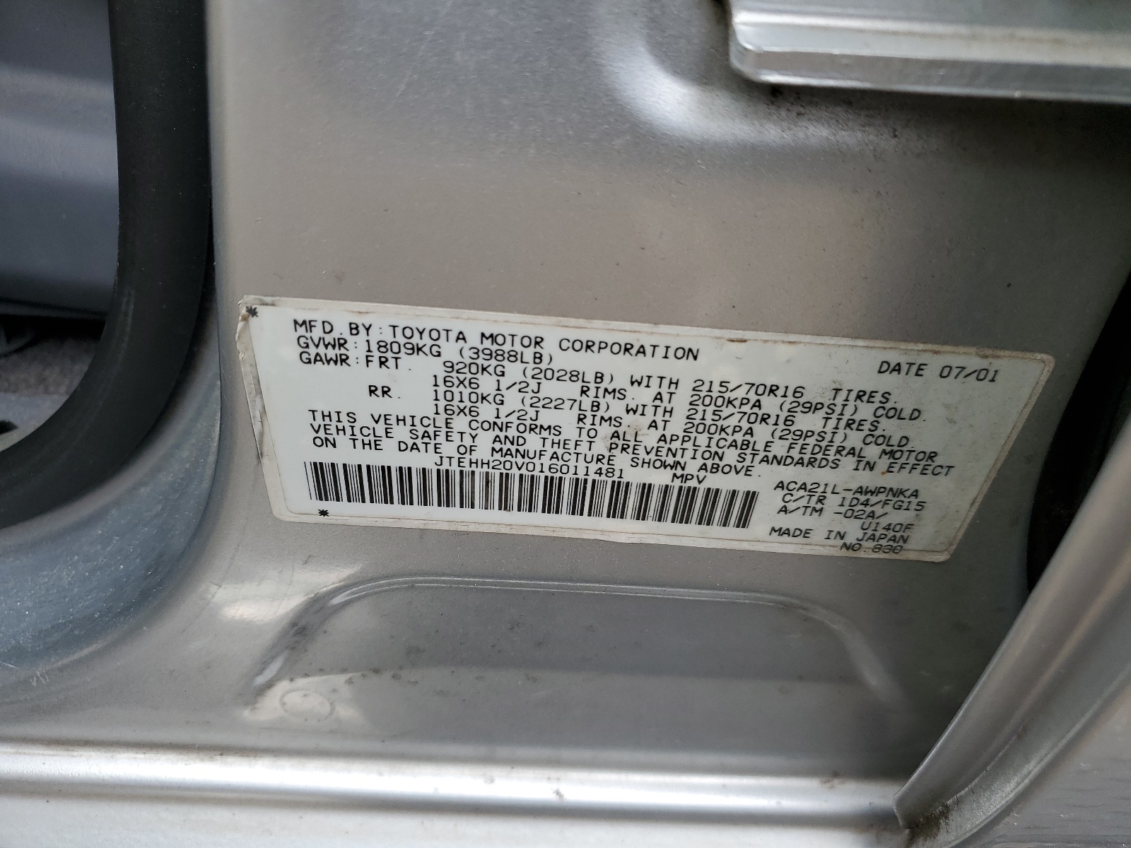 JTEHH20V016011481 2001 Toyota Rav4
