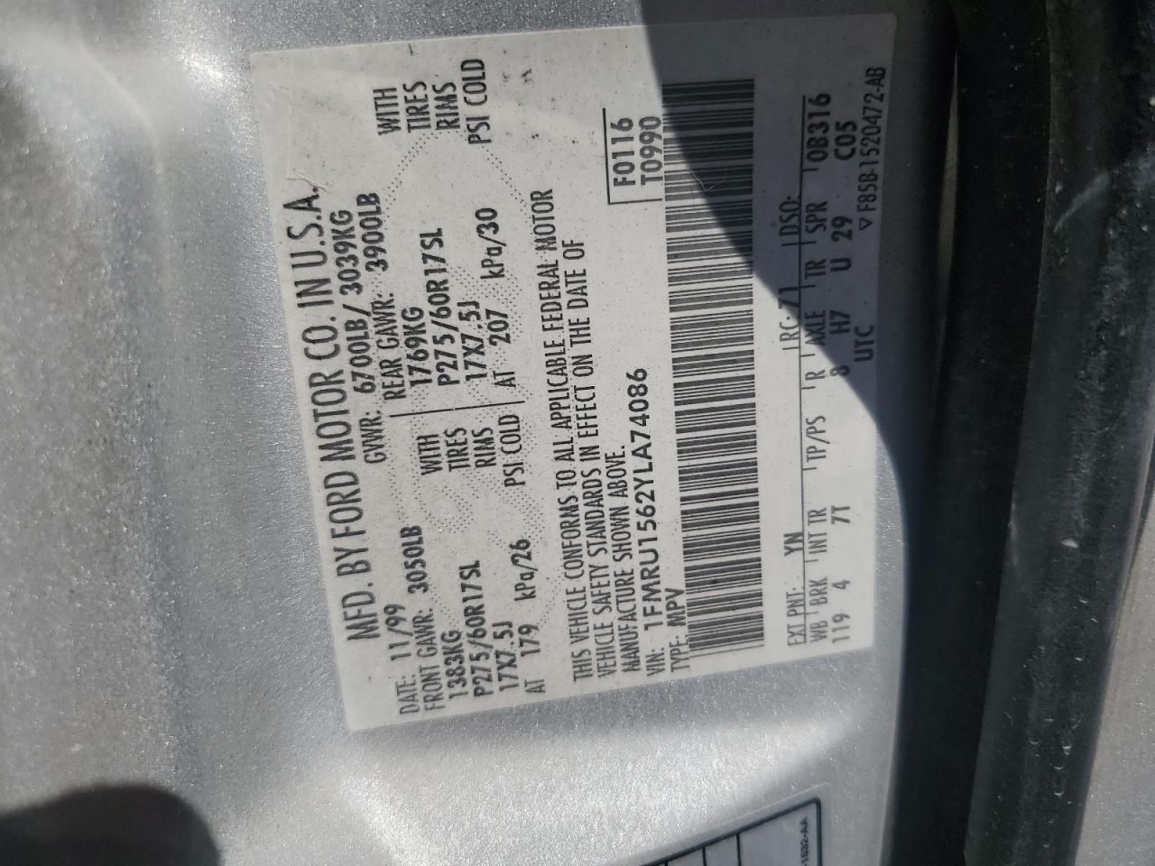 2000 Ford Expedition Xlt VIN: 1FMRU1562YLA74086 Lot: 61174864