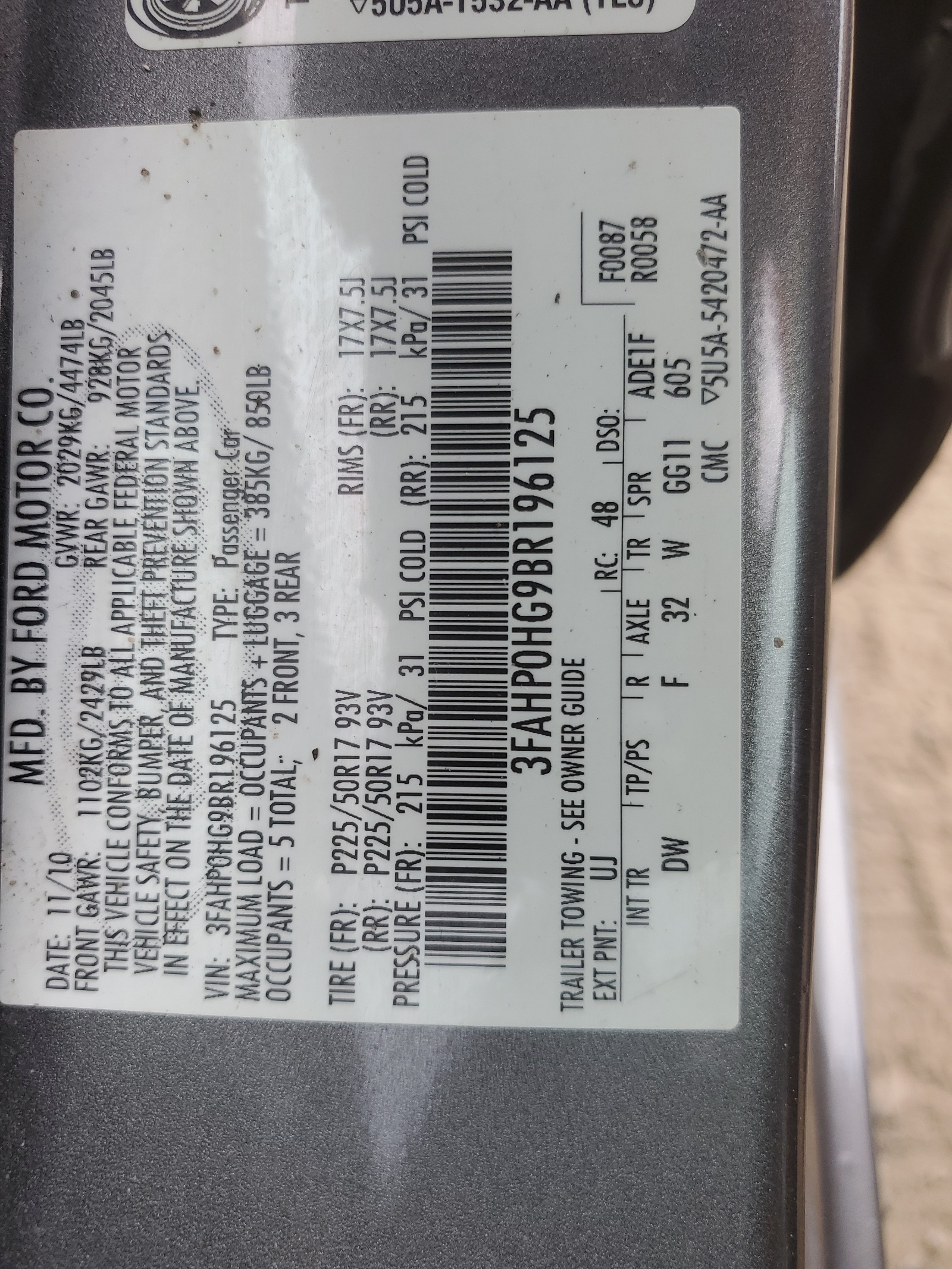 3FAHP0HG9BR196125 2011 Ford Fusion Se