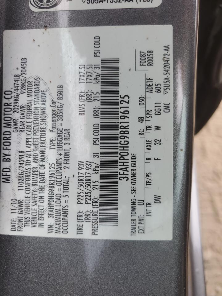 2011 Ford Fusion Se VIN: 3FAHP0HG9BR196125 Lot: 62798684