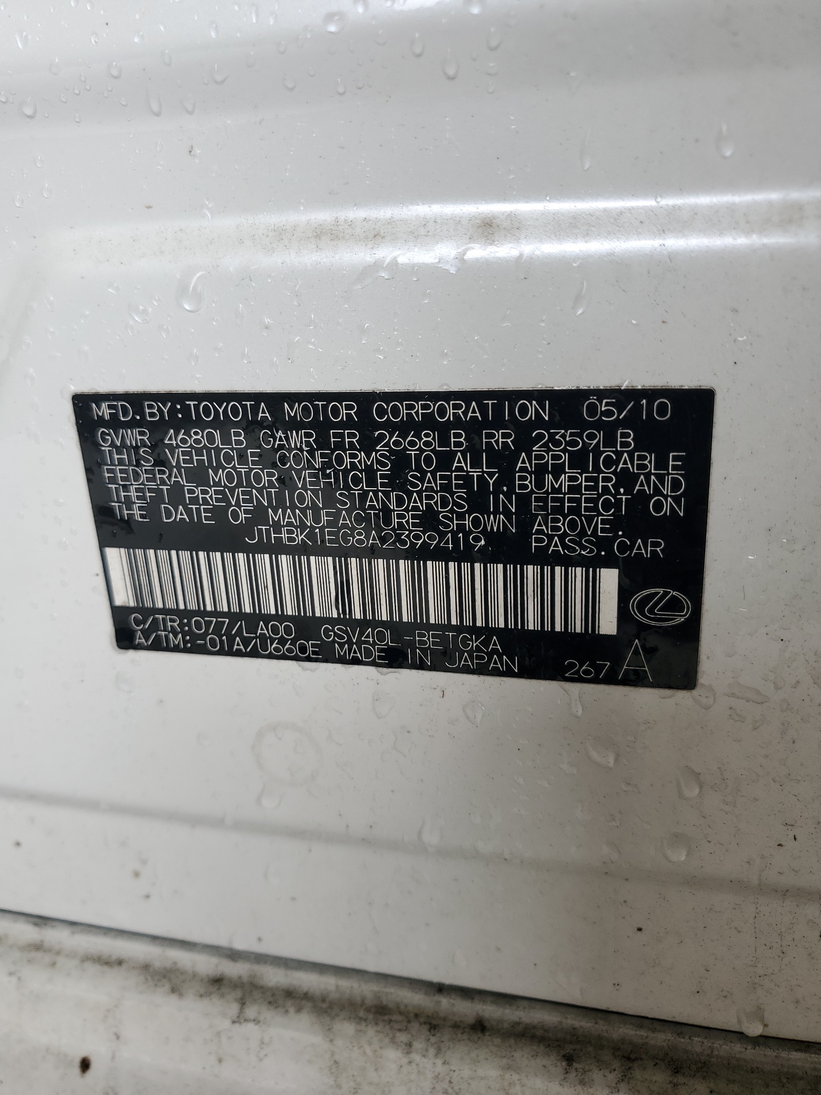 JTHBK1EG8A2399419 2010 Lexus Es 350