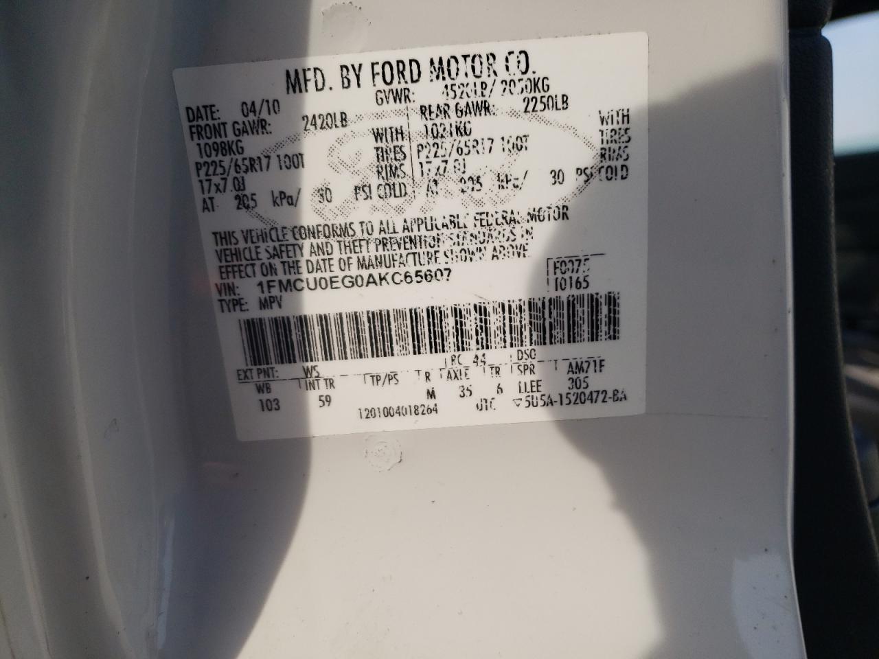 2010 Ford Escape Limited VIN: 1FMCU0EG0AKC65607 Lot: 61474874