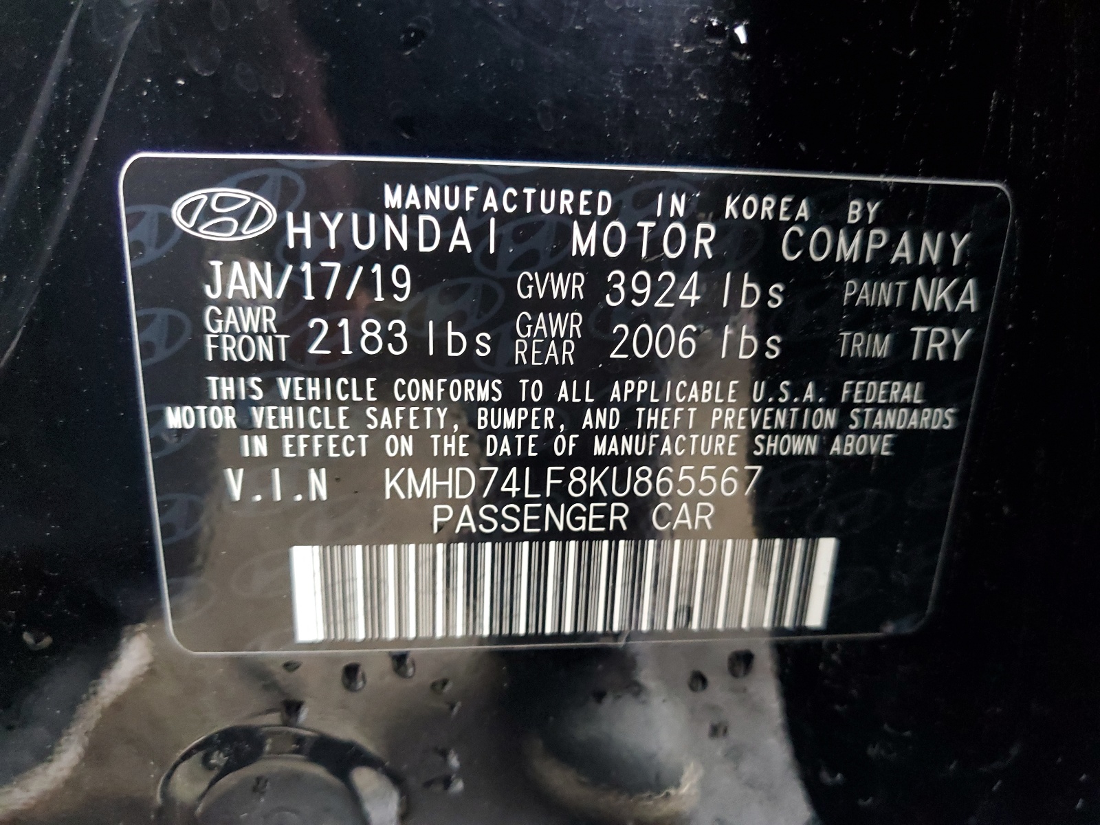 KMHD74LF8KU865567 2019 Hyundai Elantra Se