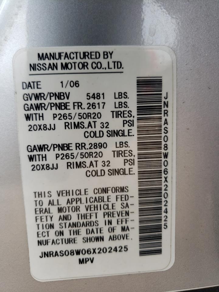 2006 Infiniti Fx35 VIN: JNRAS08W06X202425 Lot: 62864534