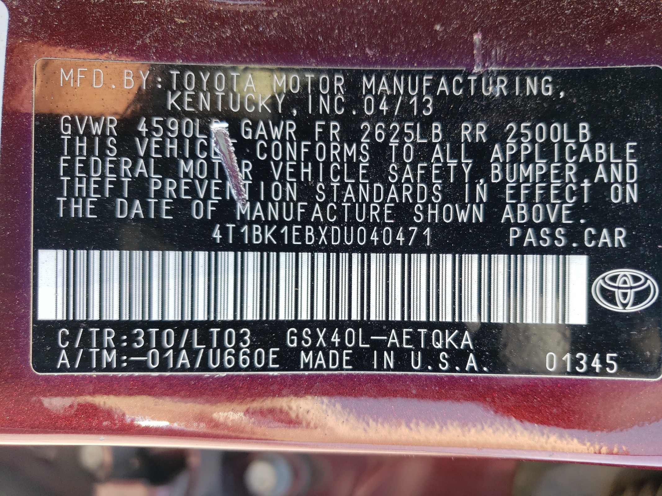 4T1BK1EBXDU040471 2013 Toyota Avalon Base