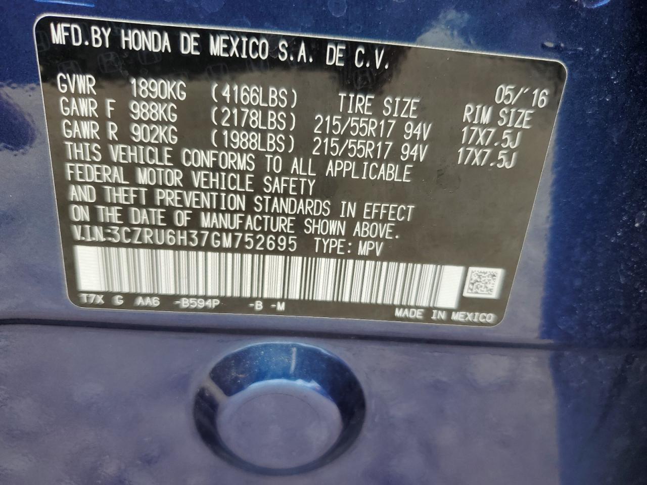 2016 Honda Hr-V Lx VIN: 3CZRU6H37GM752695 Lot: 63852224