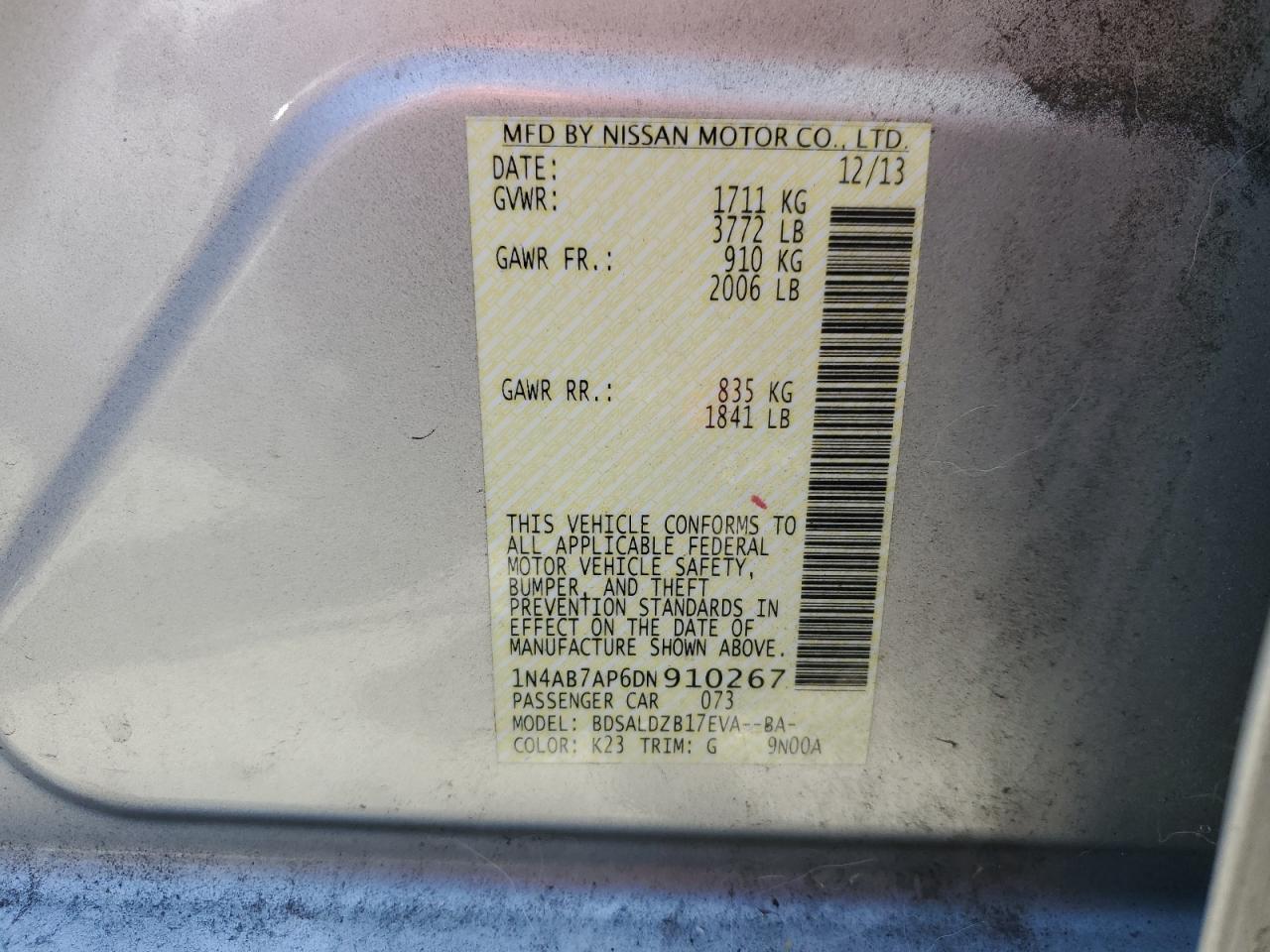 2013 Nissan Sentra S VIN: 1N4AB7AP6DN910267 Lot: 62886934