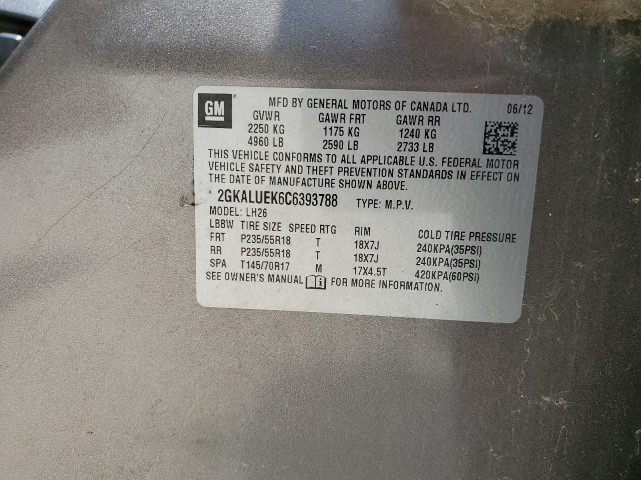 2012 GMC Terrain Slt VIN: 2GKALUEK6C6393788 Lot: 62934084