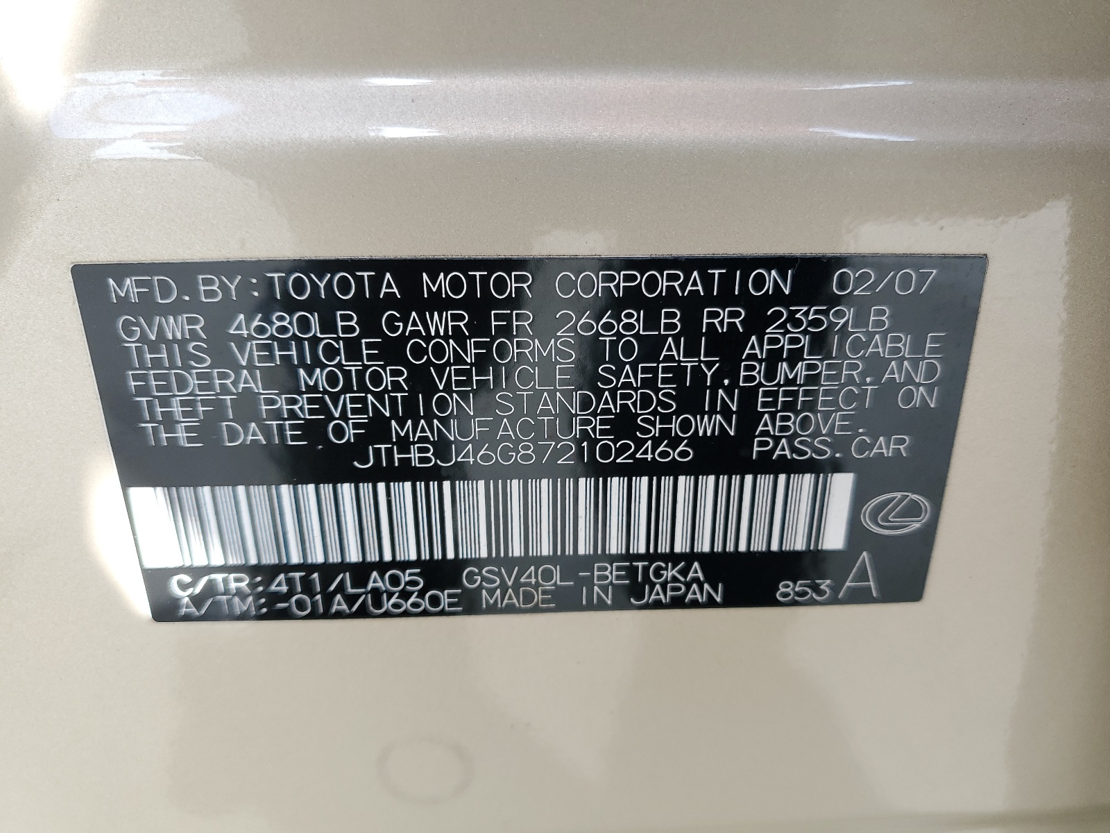 JTHBJ46G872102466 2007 Lexus Es 350