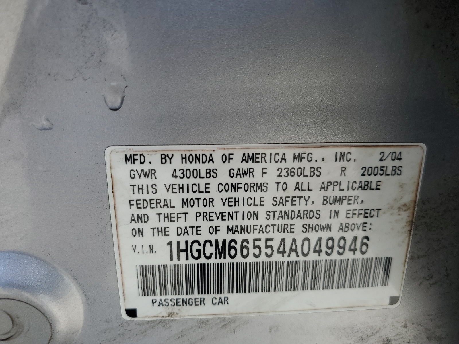 1HGCM66554A049946 2004 Honda Accord Ex