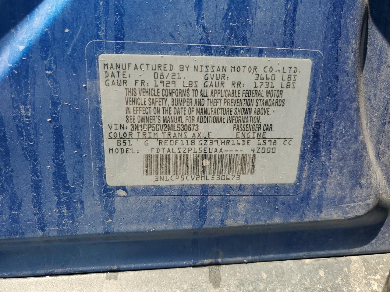 2021 Nissan Kicks Sv VIN: 3N1CP5CV2ML530673 Lot: 65546544