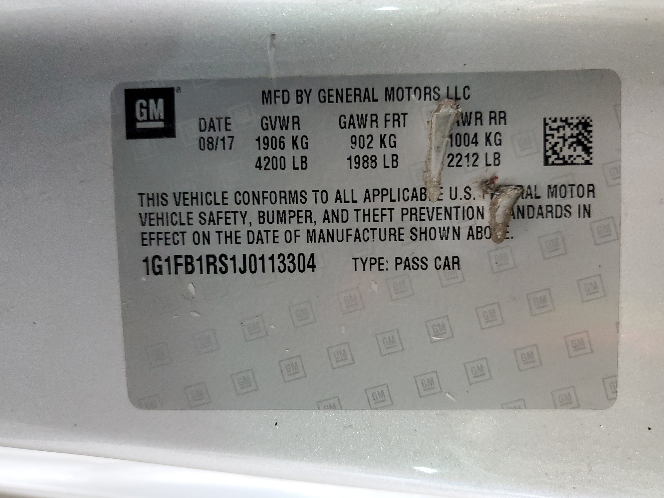 1G1FB1RS1J0113304 2018 Chevrolet Camaro Lt