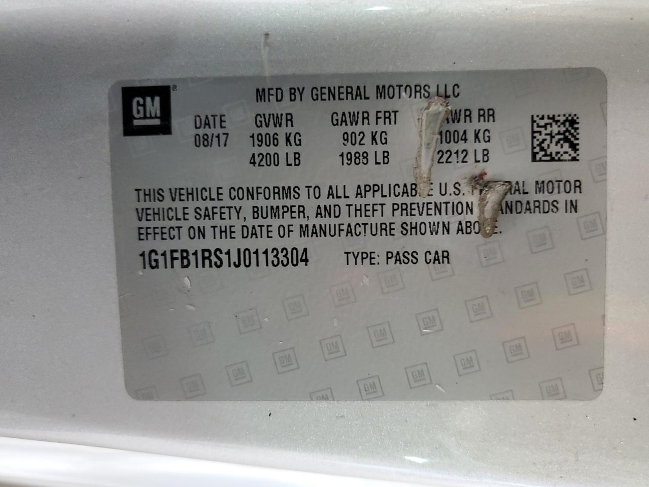 2018 Chevrolet Camaro Lt VIN: 1G1FB1RS1J0113304 Lot: 63686974