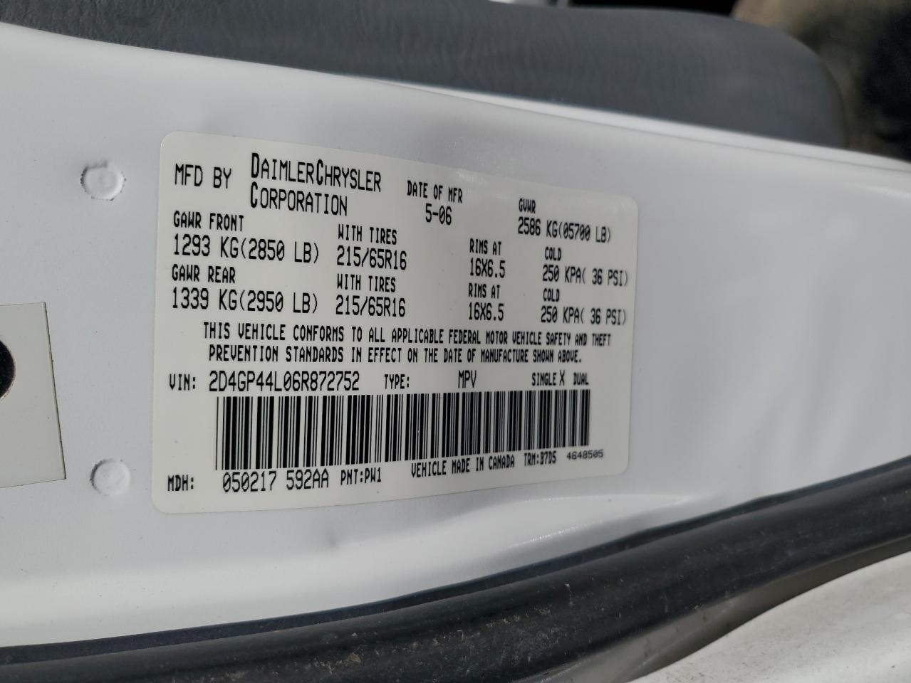 2006 Dodge Grand Caravan Sxt VIN: 2D4GP44L06R872752 Lot: 63627914