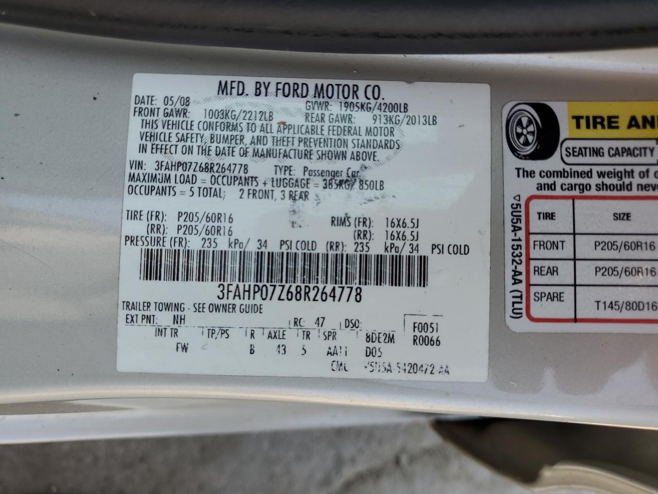 2008 Ford Fusion Se VIN: 3FAHP07Z68R264778 Lot: 62619664