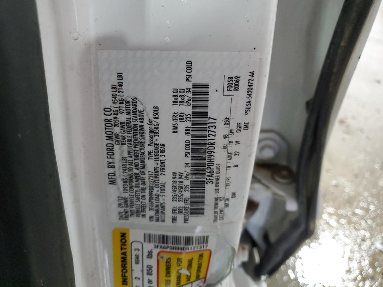 2013 Ford Fusion Se VIN: 3FA6P0H99DR127317 Lot: 62473654