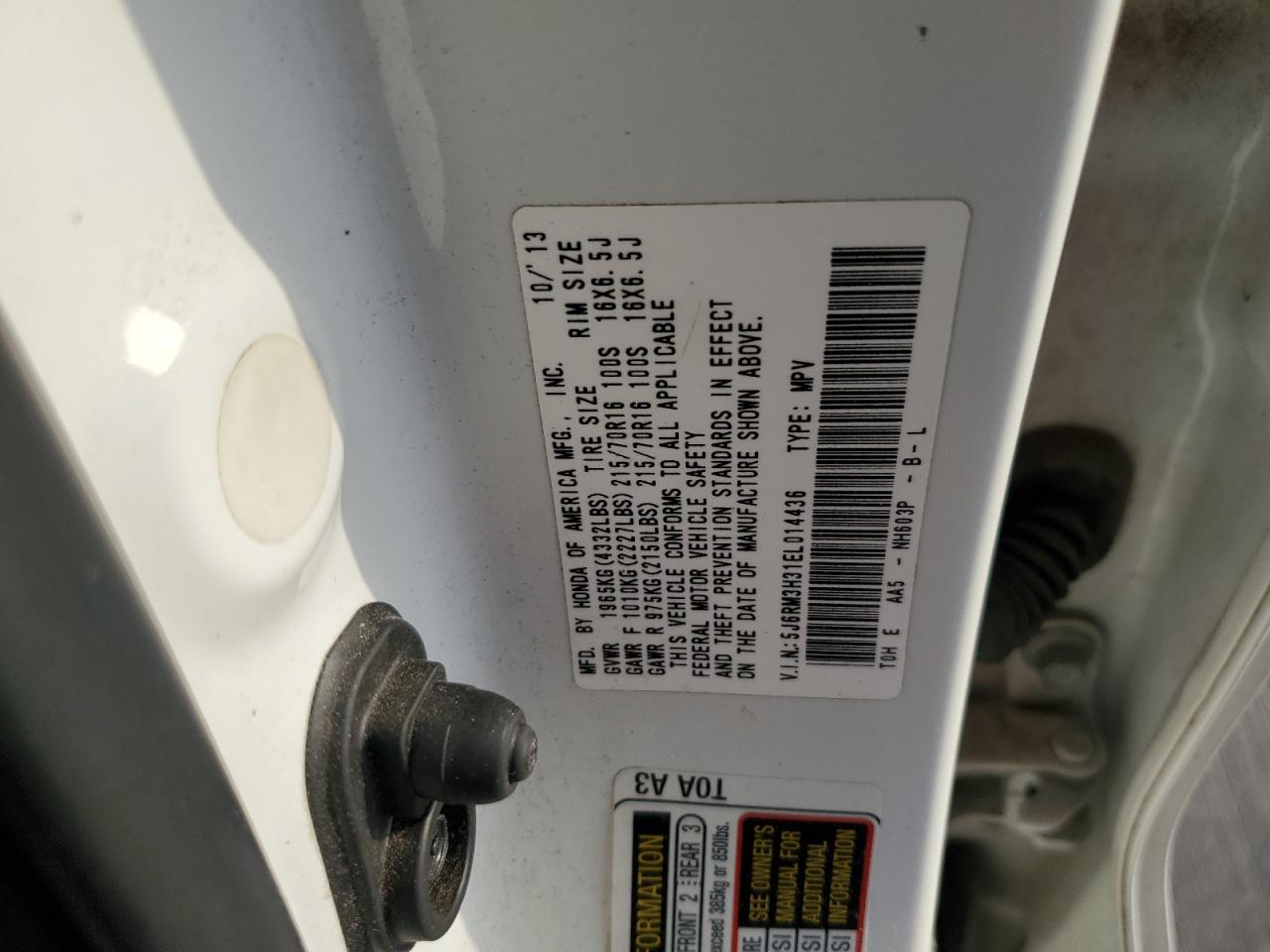 2014 Honda Cr-V Lx VIN: 5J6RM3H31EL014436 Lot: 63251304