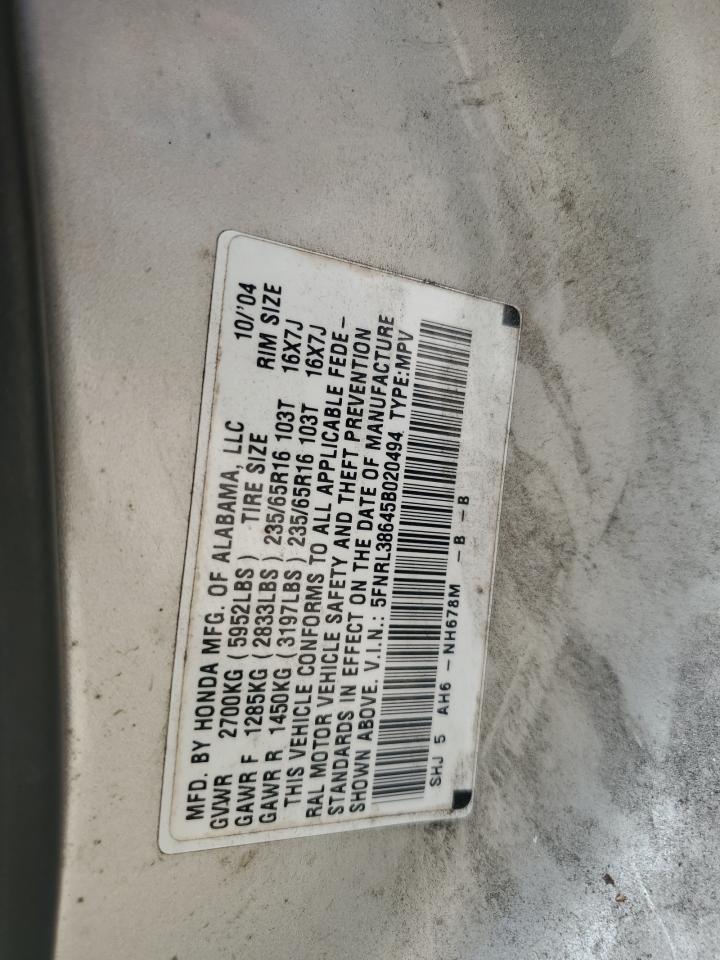 2005 Honda Odyssey Exl VIN: 5FNRL38645B020494 Lot: 62861234