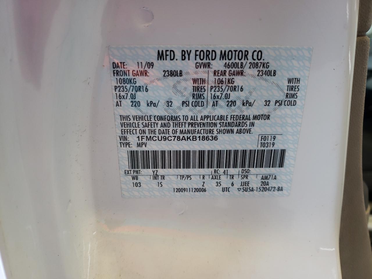 2010 Ford Escape Xls VIN: 1FMCU9C78AKB18636 Lot: 64177824