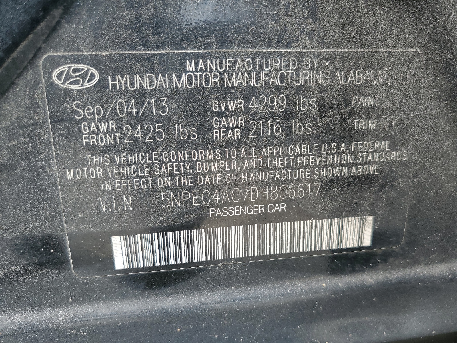 5NPEC4AC7DH806617 2013 Hyundai Sonata Se