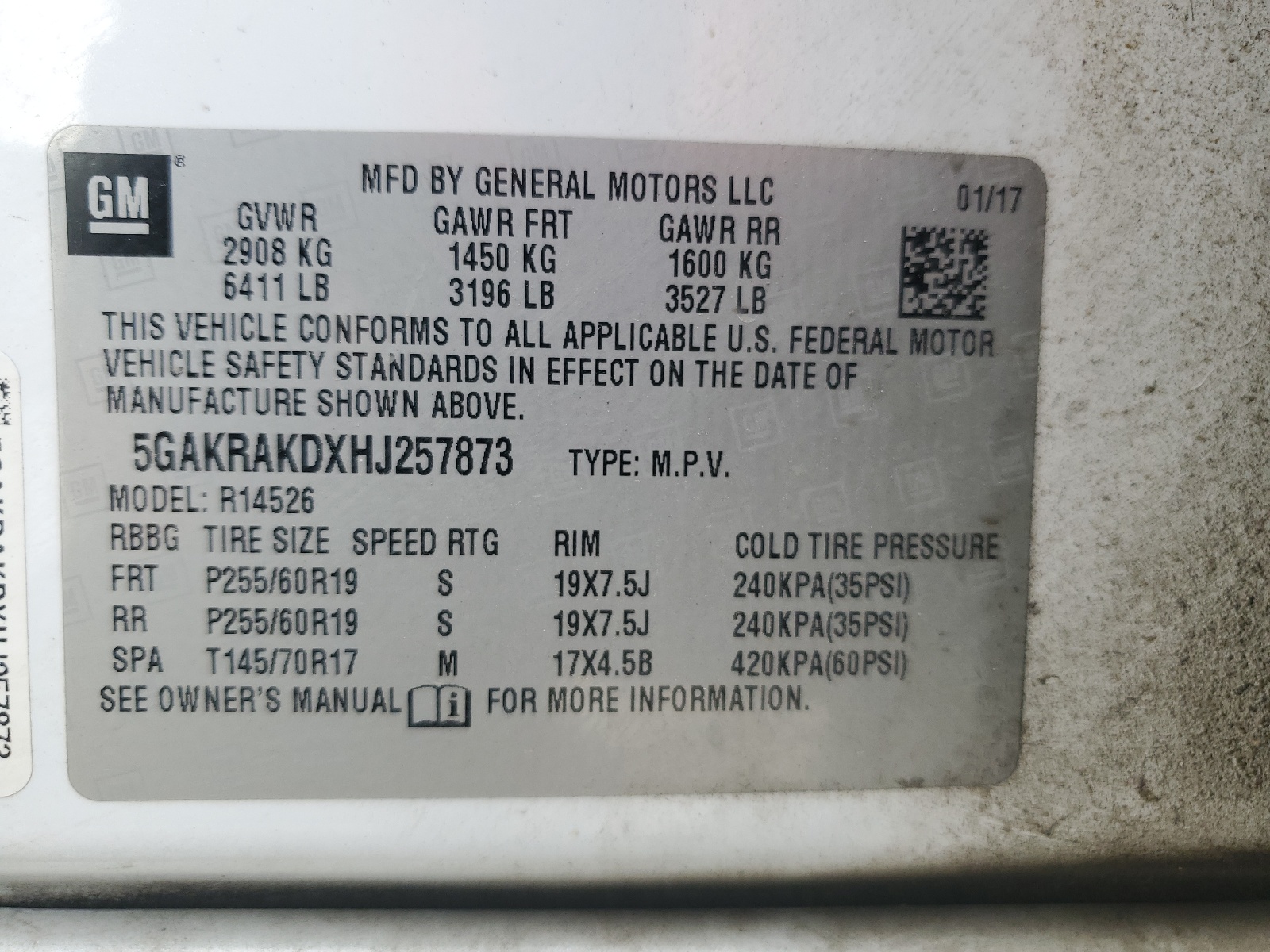 5GAKRAKDXHJ257873 2017 Buick Enclave