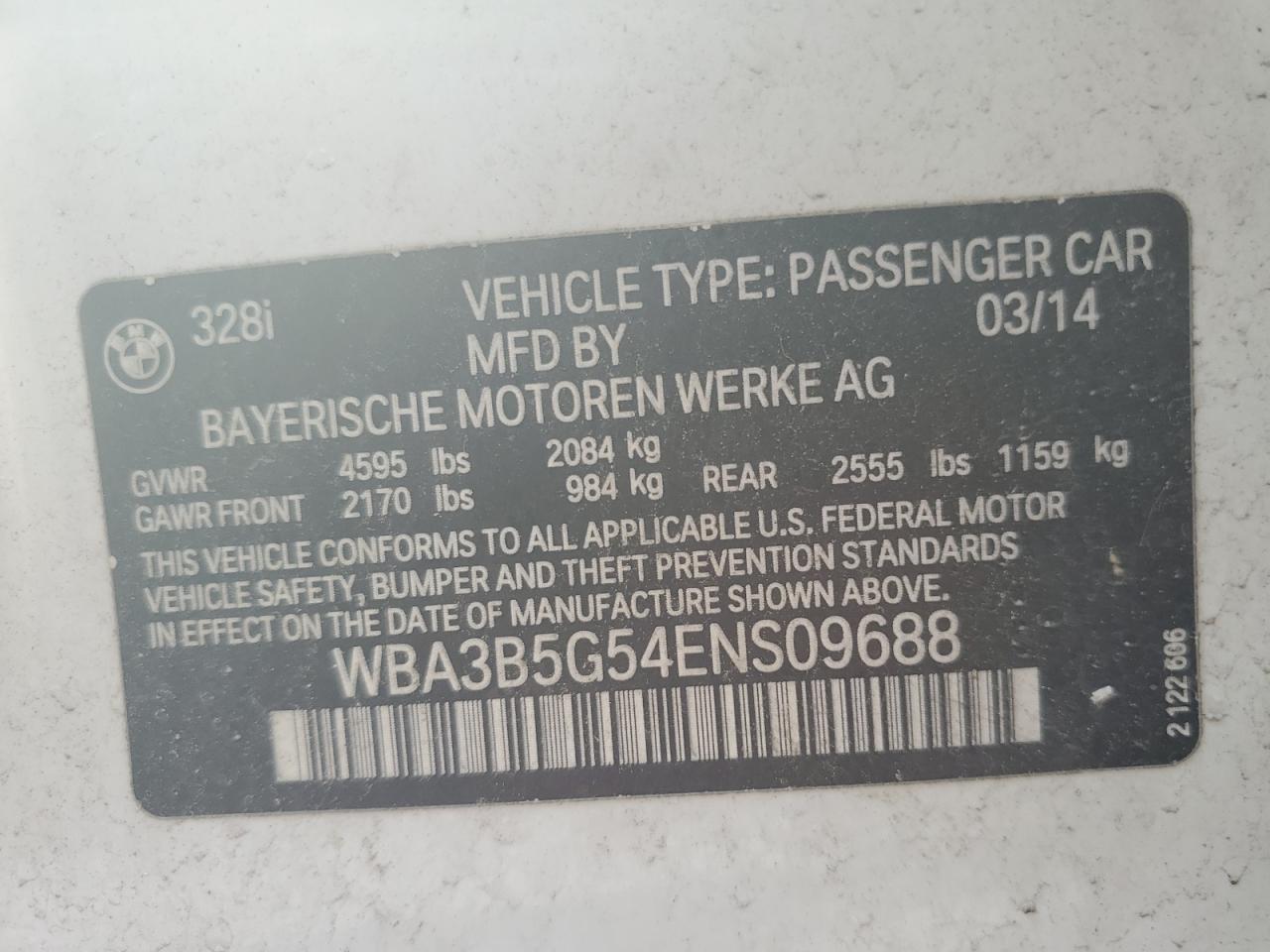 2014 BMW 328 Xi Sulev VIN: WBA3B5G54ENS09688 Lot: 62911104