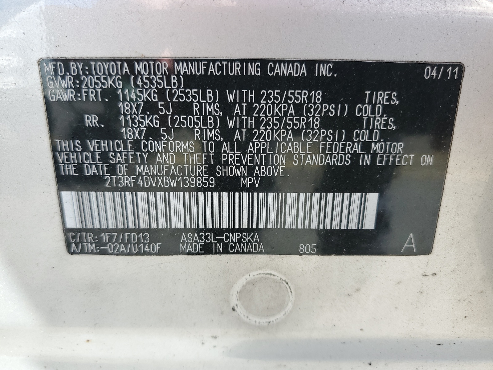 2T3RF4DVXBW139859 2011 Toyota Rav4 Sport