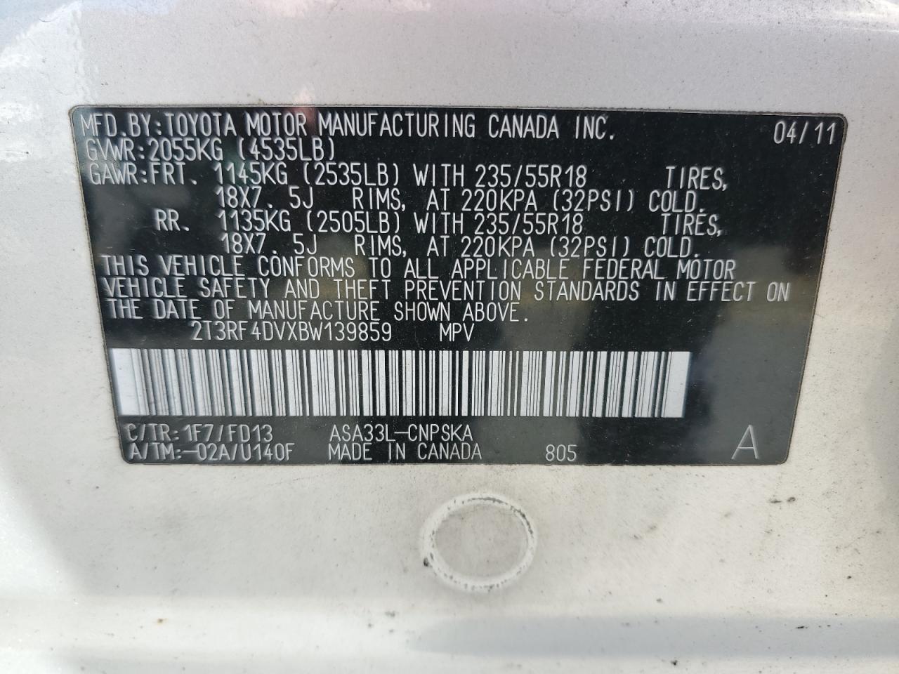 2011 Toyota Rav4 Sport VIN: 2T3RF4DVXBW139859 Lot: 61251934