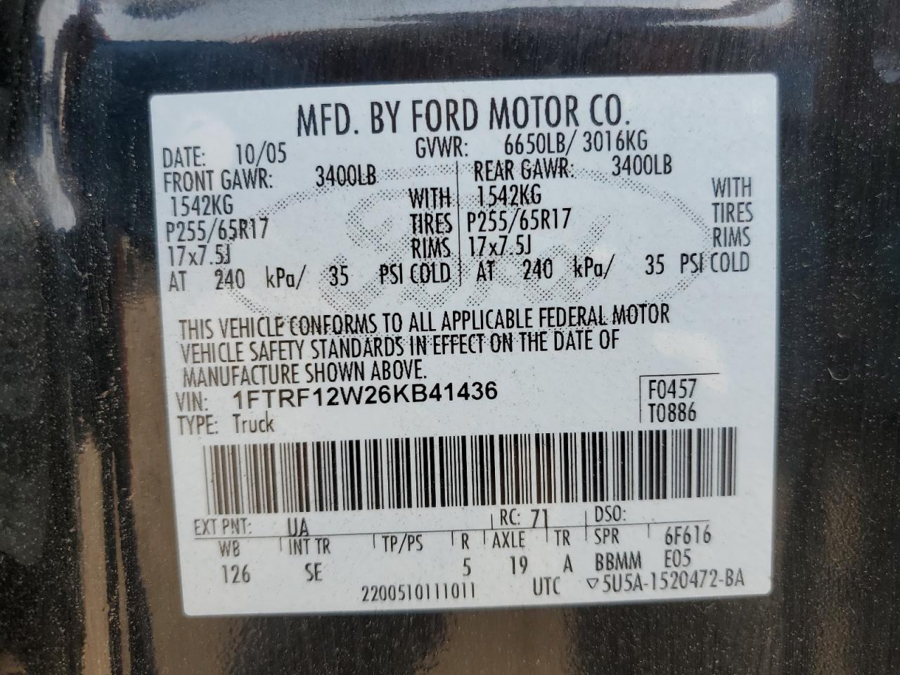 2006 Ford F150 VIN: 1FTRF12W26KB41436 Lot: 64505994