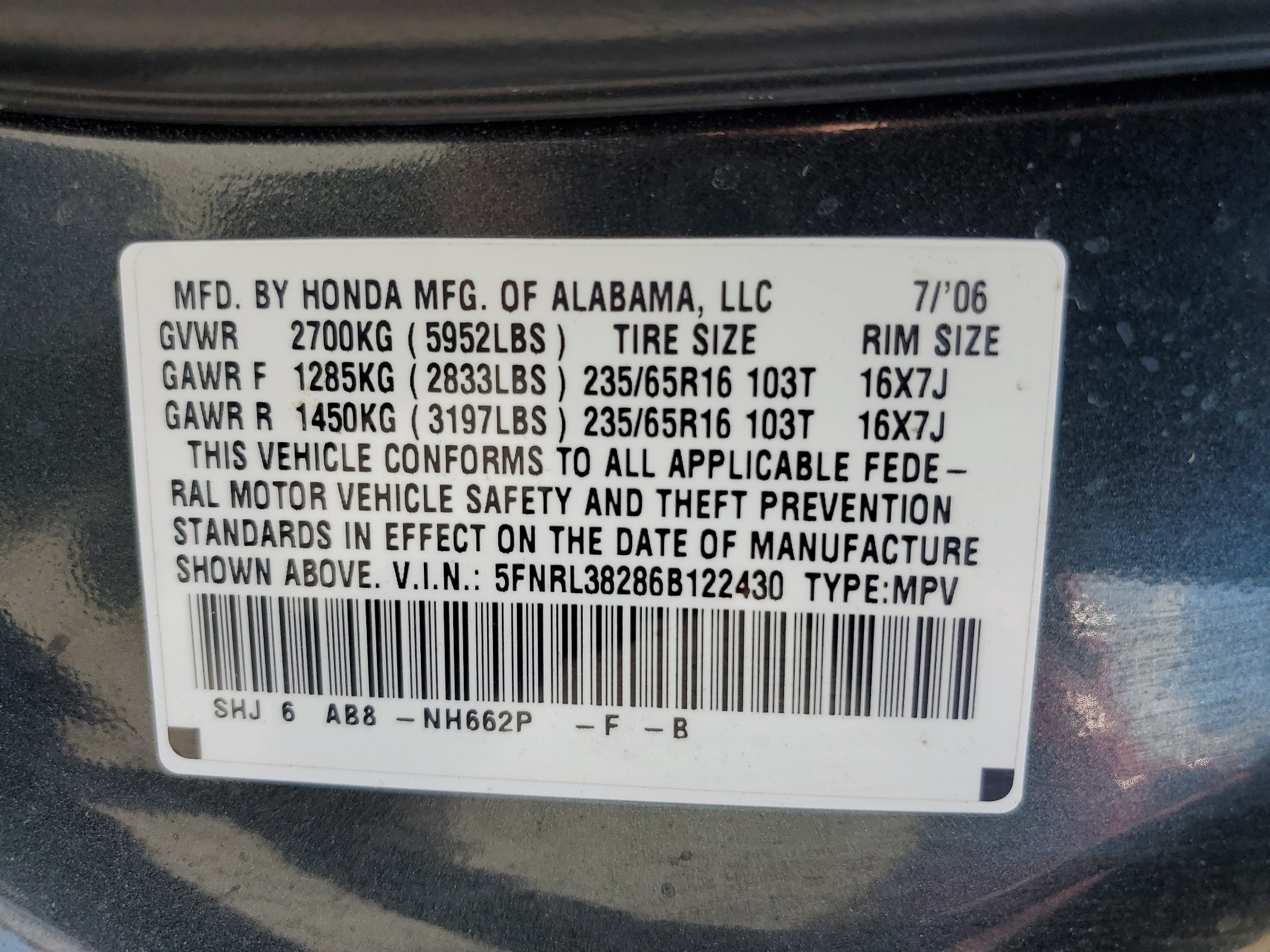 5FNRL38286B122430 2006 Honda Odyssey Lx