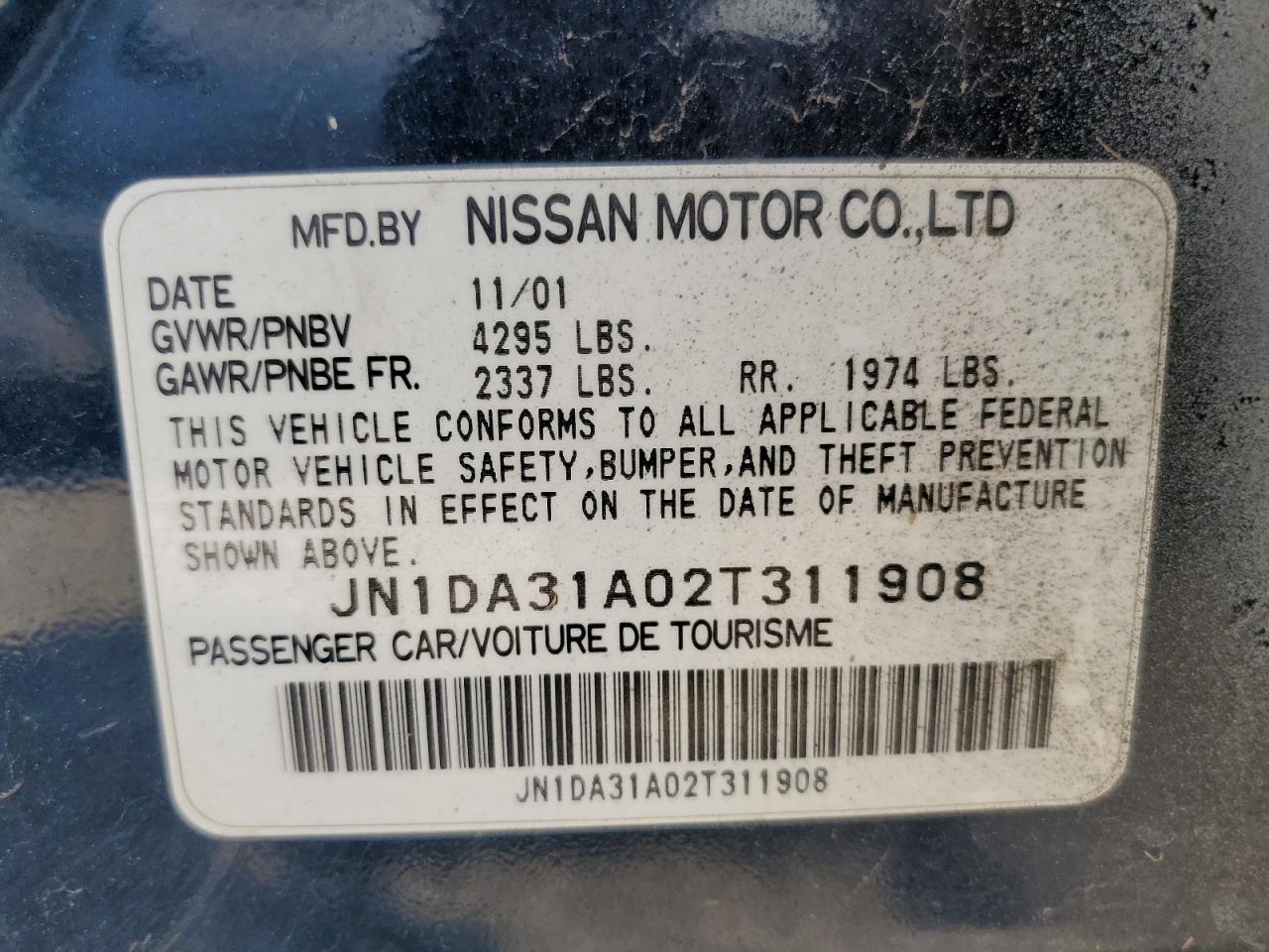 2002 Nissan Maxima Gle VIN: JN1DA31A02T311908 Lot: 62332044