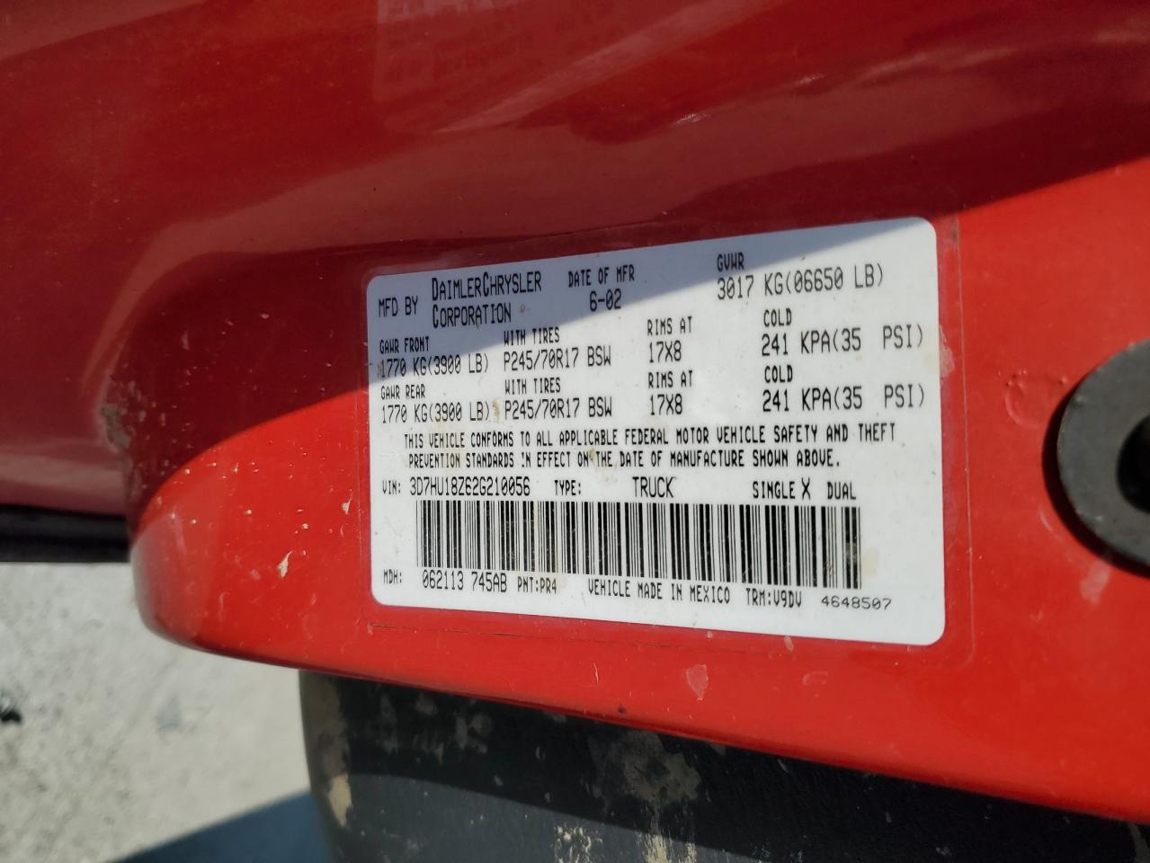 2002 Dodge Ram 1500 VIN: 3D7HU18Z62G210056 Lot: 63108614