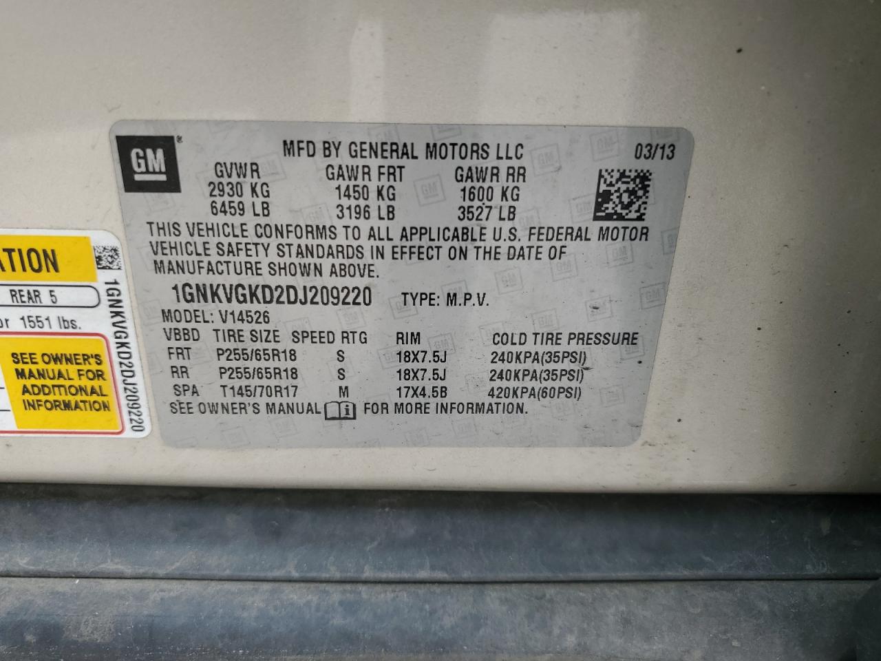 2013 Chevrolet Traverse Lt VIN: 1GNKVGKD2DJ209220 Lot: 62517434