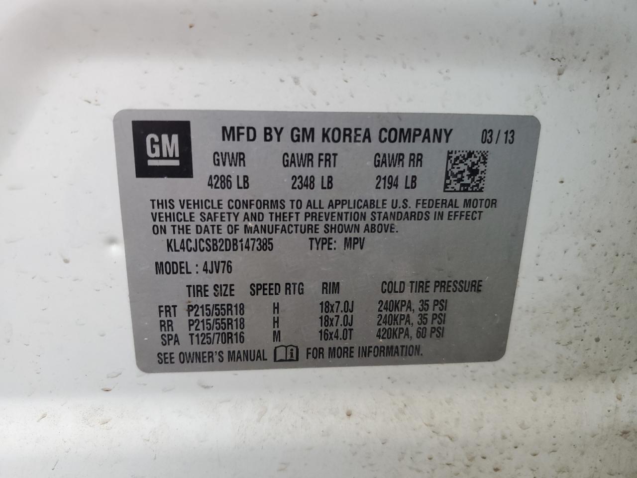 2013 Buick Encore VIN: KL4CJCSB2DB147385 Lot: 63411634