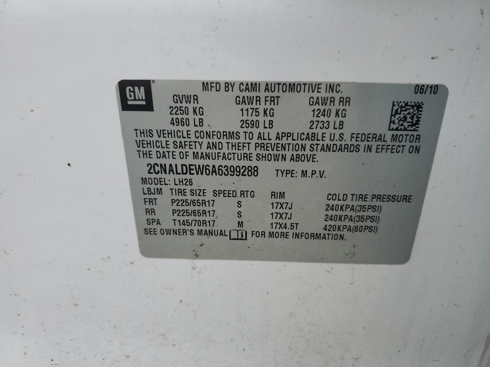 2CNALDEW6A6399288 2010 Chevrolet Equinox Lt
