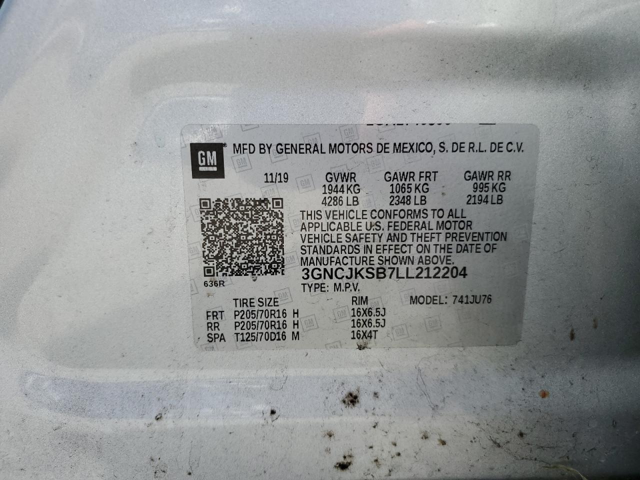 2020 Chevrolet Trax Ls VIN: 3GNCJKSB7LL212204 Lot: 63850044