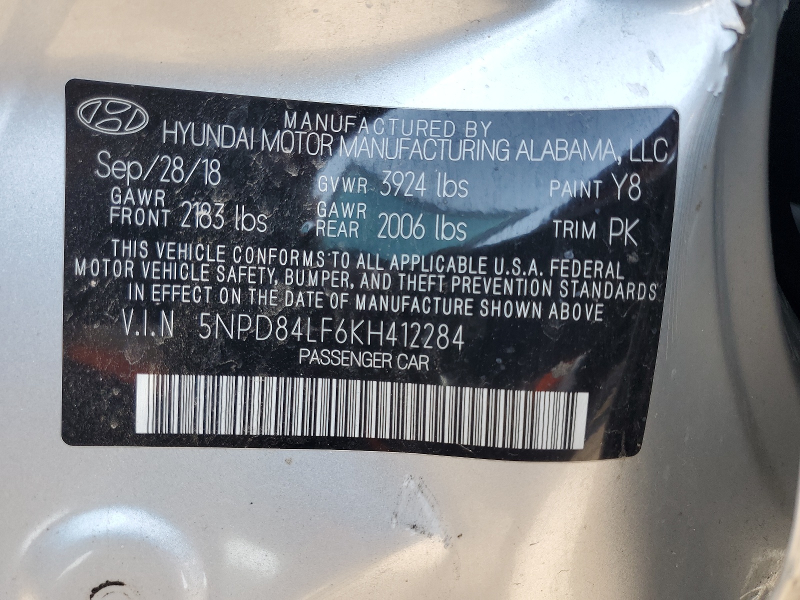 5NPD84LF6KH412284 2019 Hyundai Elantra Sel